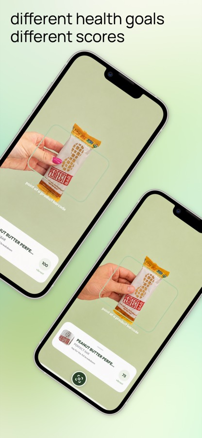 Two phones scanning the same protein bar and getting different Rootd scores for different health goals